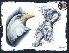 Цветной эскиз тату «Орел и две пантеры»