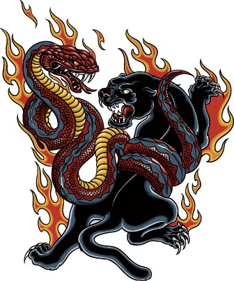 Цветной эскиз тату «Борьба змеи и пантеры в огне»