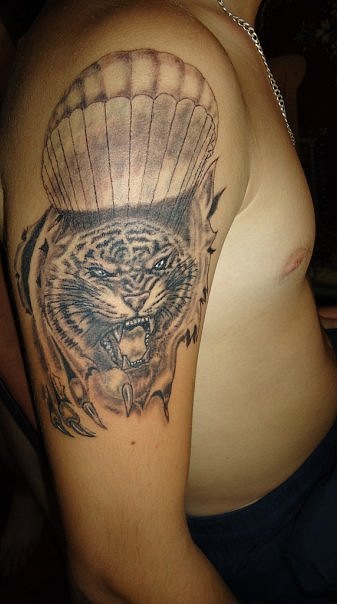 Татуировка злого тигра и на заднем фоне парашют