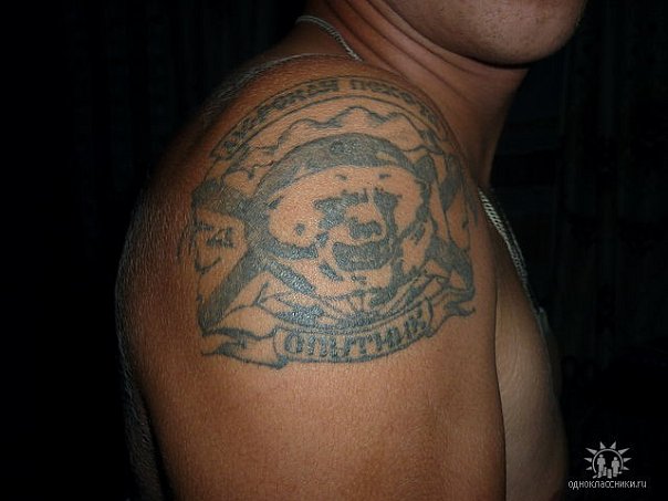 Тату на плече с изображением медведя и подписью «Морская пехота»