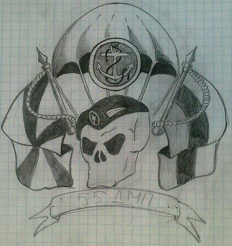 Рисунок карандашом, изображающий череп и купол парашюта
